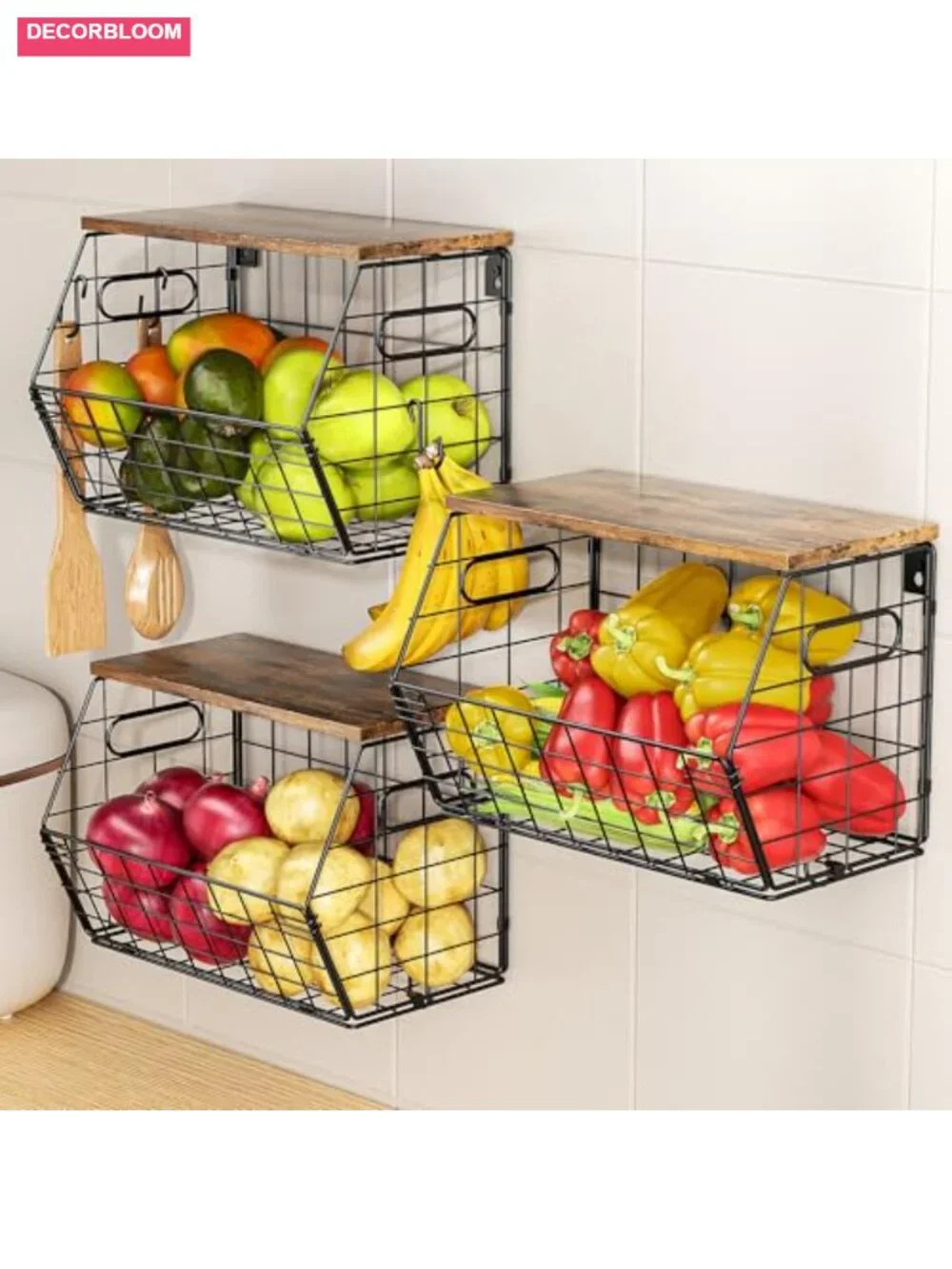 Stackable Metal Fruit Basket with Wood Lid 3 Pack Hanging Wall Organizer